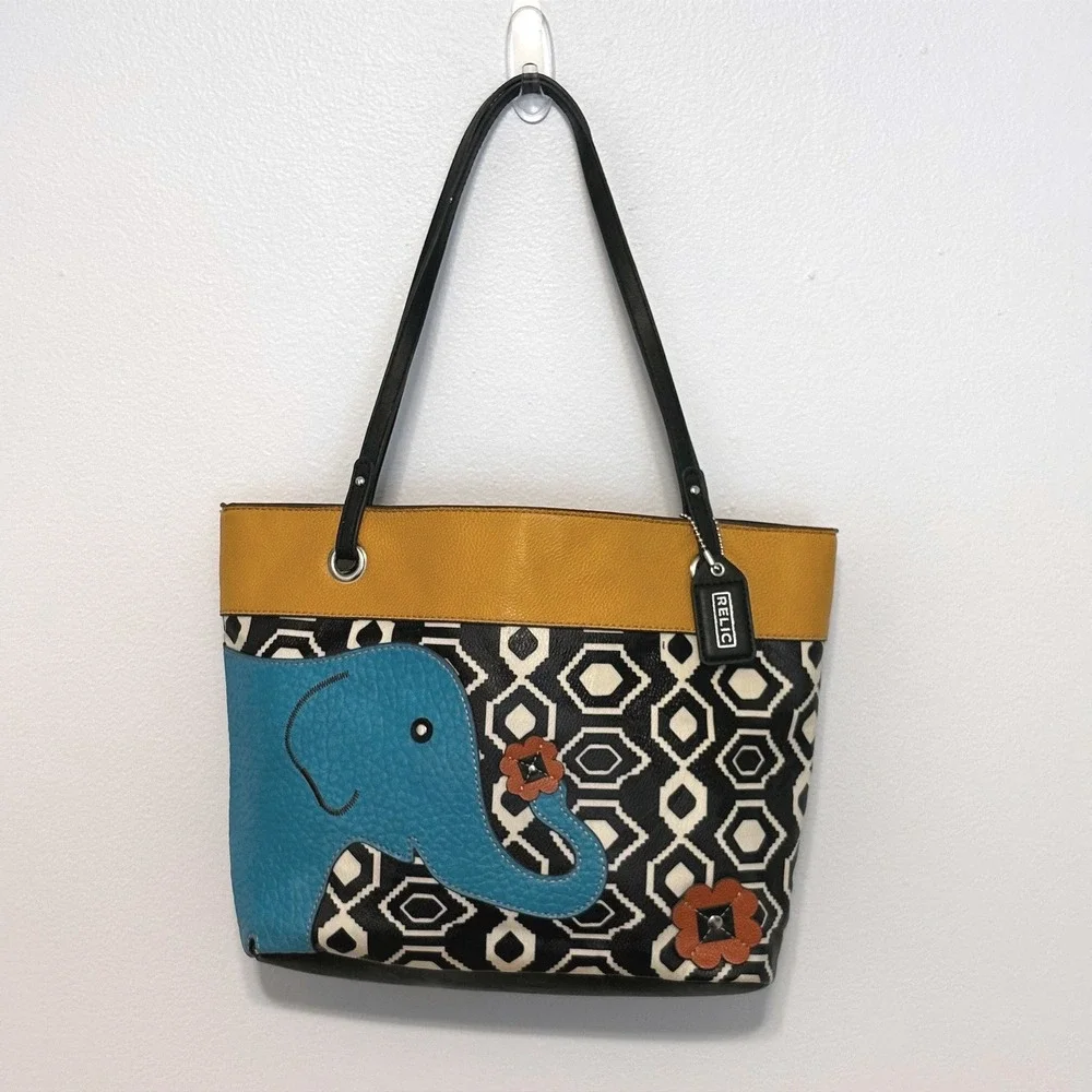 Relic Women Black White Geometric Elephant Applique Yellow Trim Shoulder Tote
